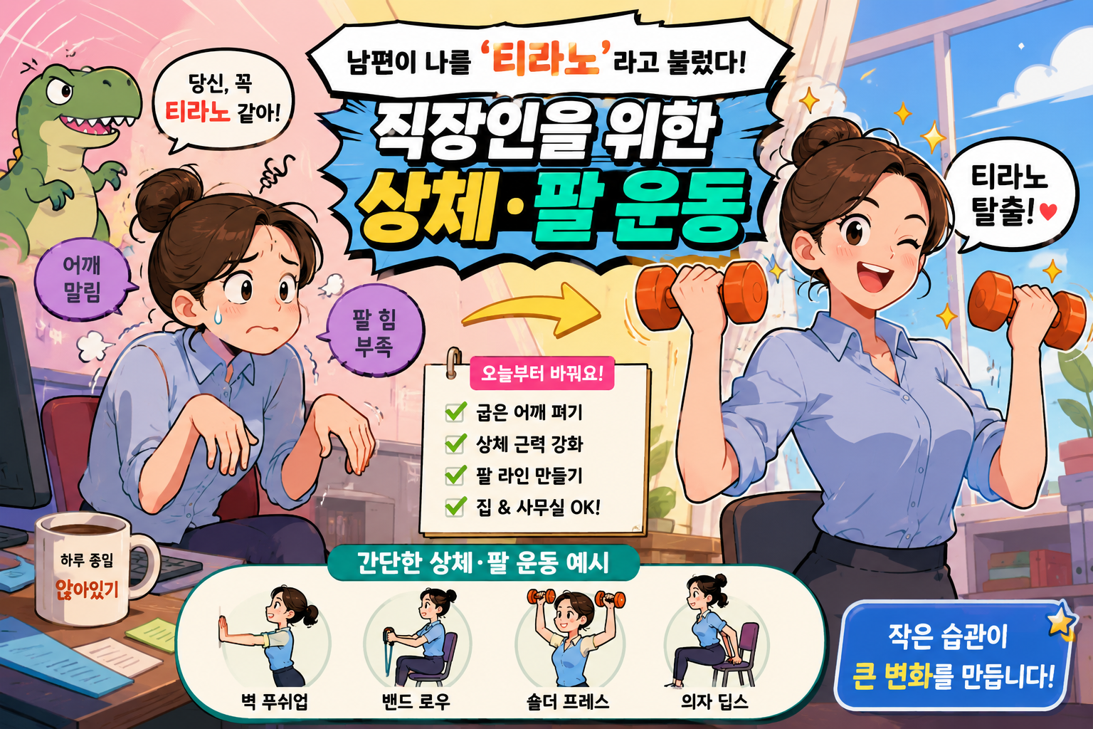남편이 나를 ‘티라노’라고 불렀다｜앉아서 일하는 직장인을 위한 상체·팔 운동