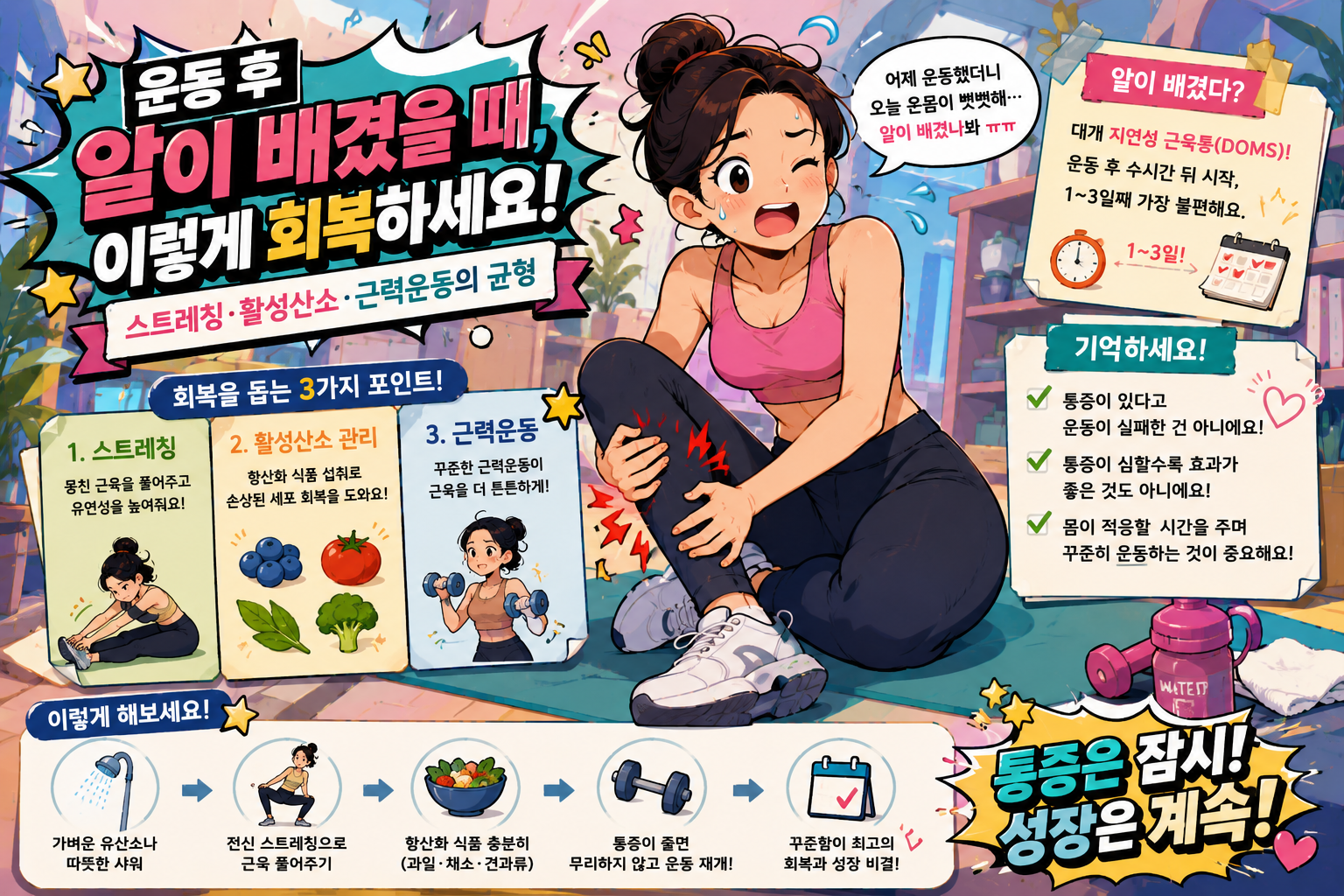 운동 후 알이 배겼을 때 이렇게 회복하세요|스트레칭·활성산소·근력운동의 균형